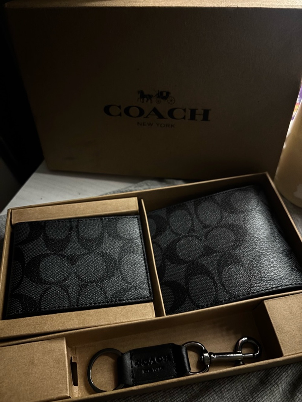 Coach Men’s Black Signature Card Holder, Bifold Wallet & Key Ring Set